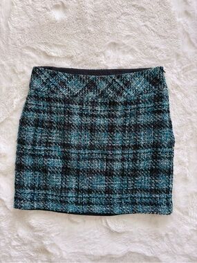 LOFT Tweed Blue and Black Plaid Mini Skirt